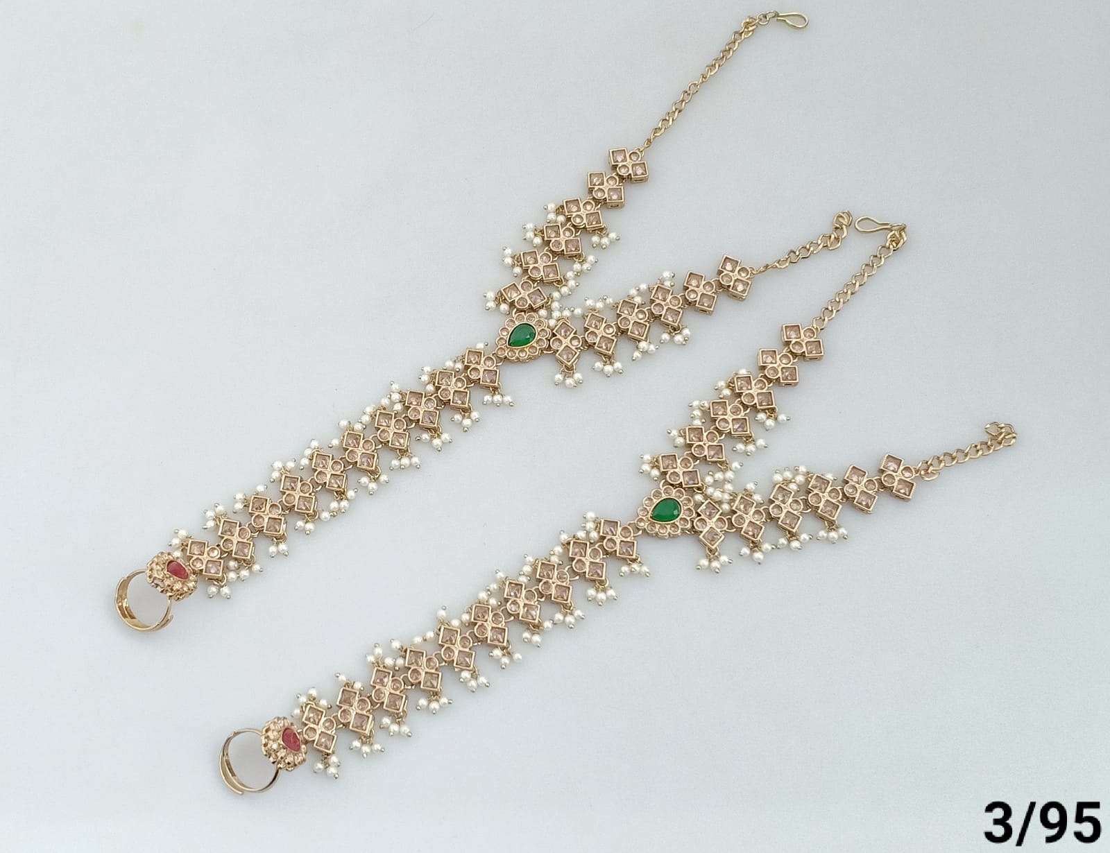 Elegant Gold Plated Traditional Hand Harness Bracelet with Gemstone and Pearl Accents